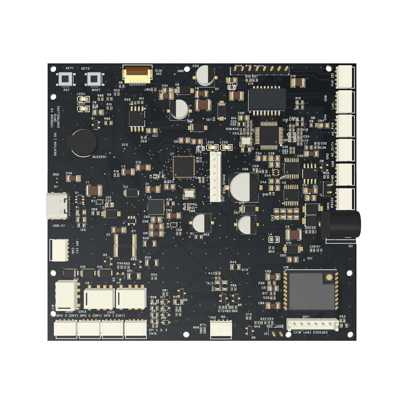 Top view of the populated custom controller PCB design.
