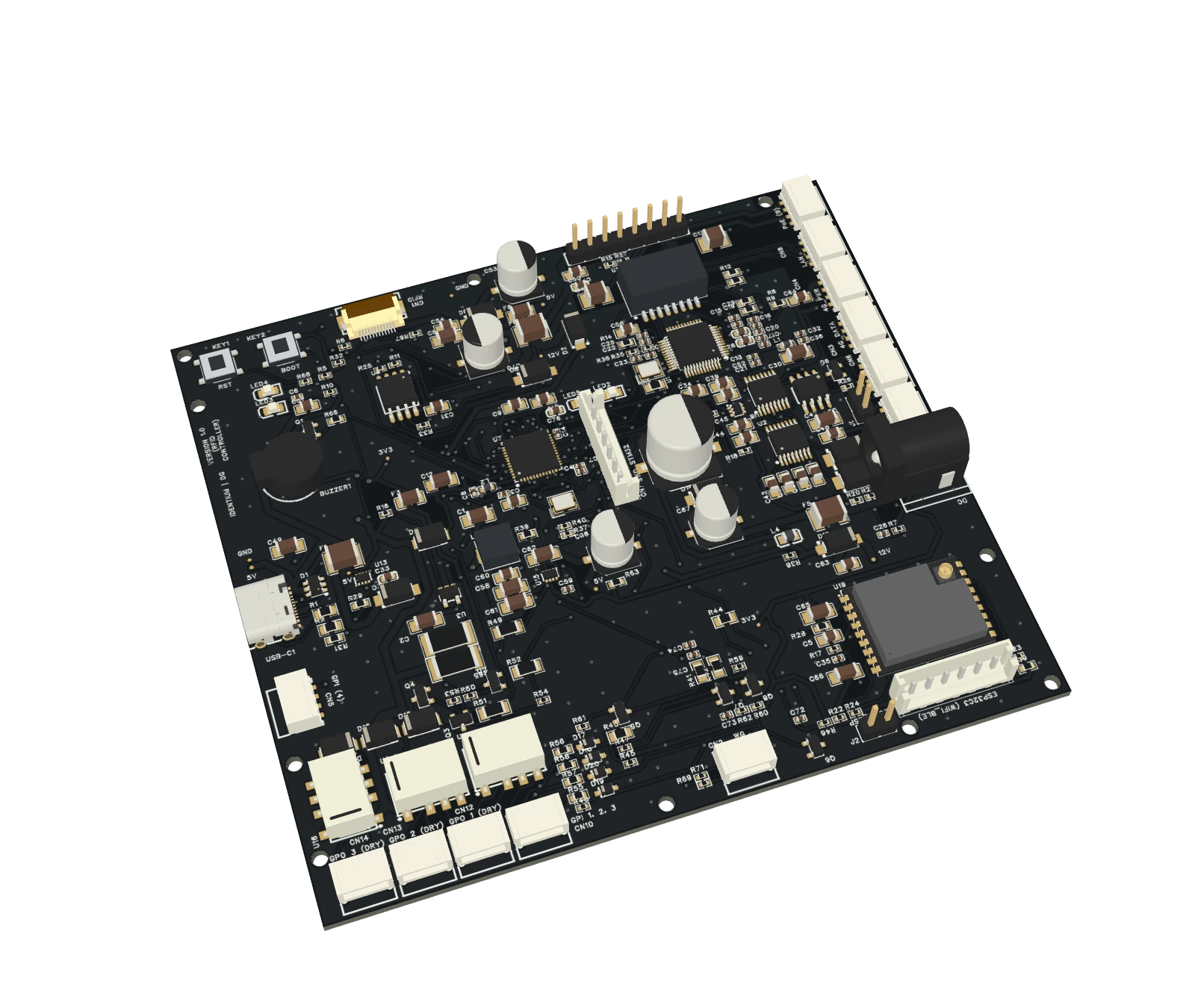 Populated black RFID controller PCB with STM32 controller, network connectors and power circuitry, shown as a 3D design visualization.