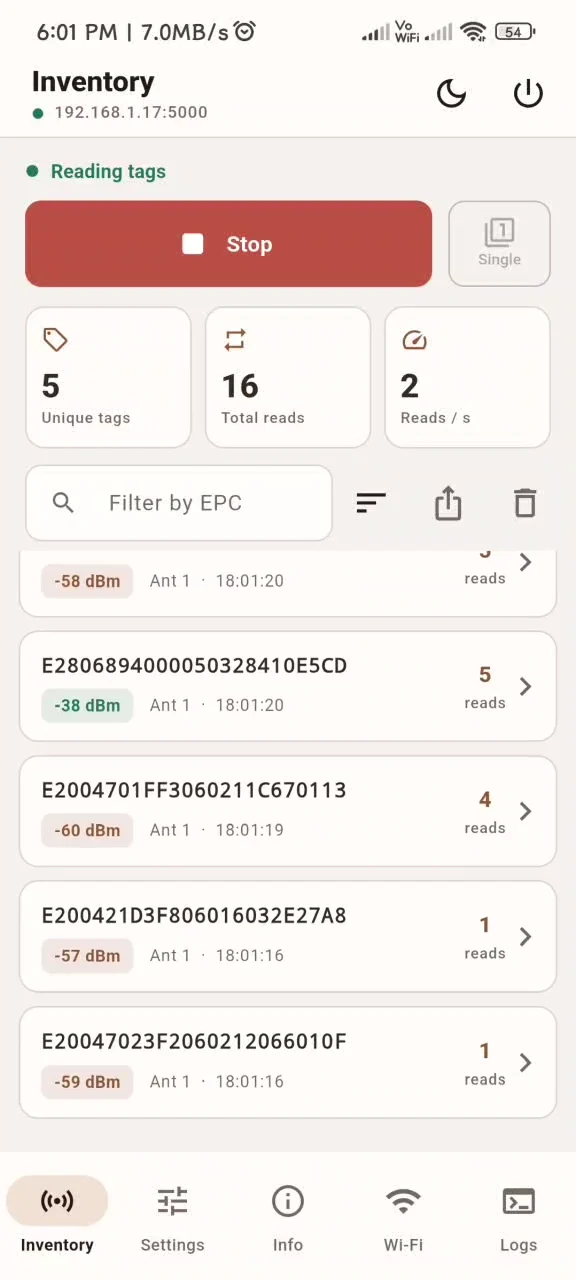 TAGlink Android app showing live tag inventory.